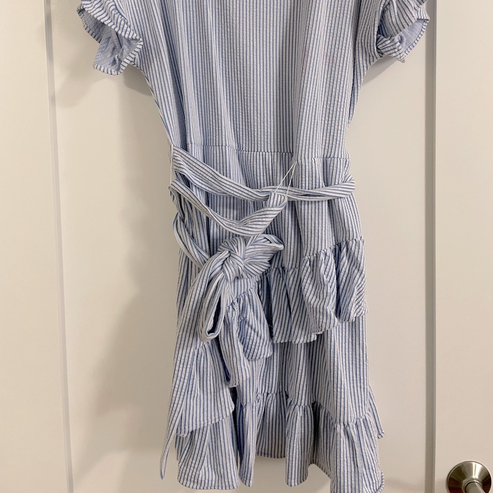 NWOT Michael Kors stretchy blue and white striped dress with ruffle detail